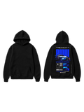 Black pullover hoodie shown front and back with a blue sports car and technical racing graphic on the back