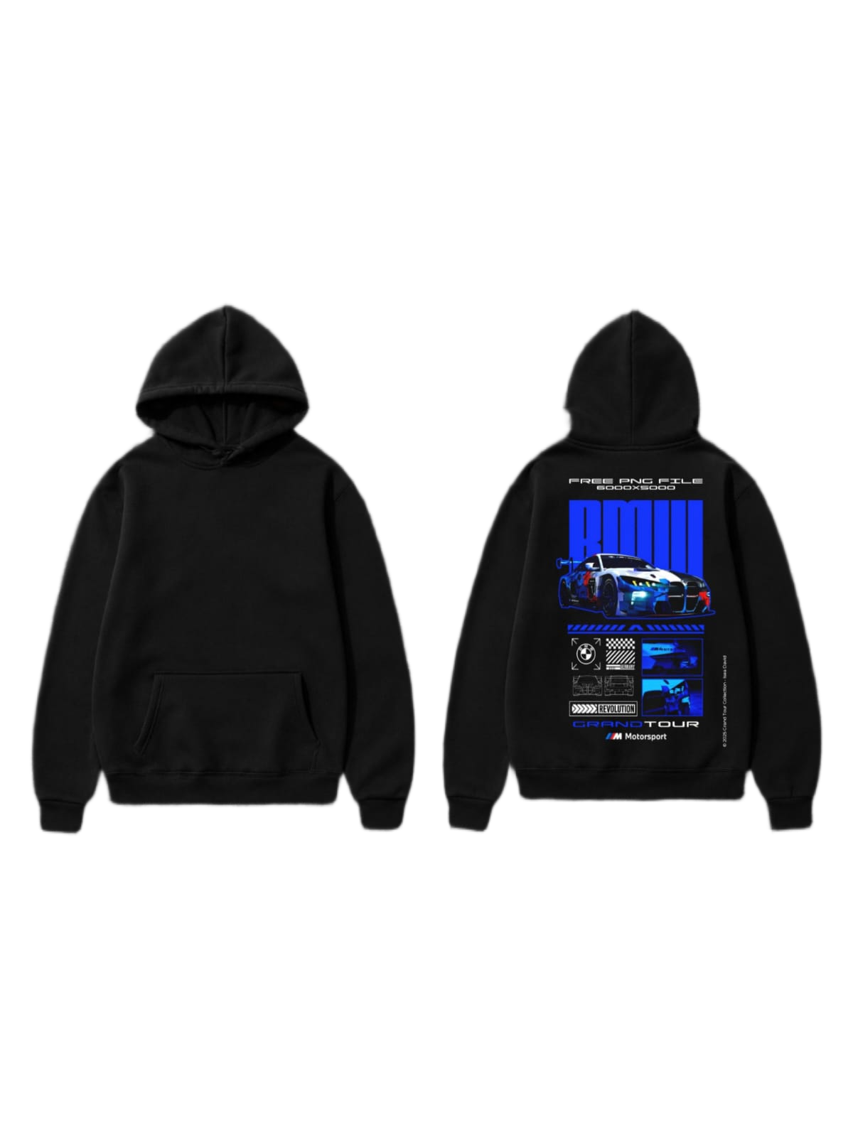 Black pullover hoodie shown front and back with a blue sports car and technical racing graphic on the back
