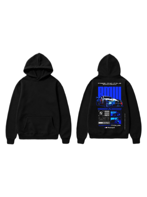 Black pullover hoodie shown front and back with a blue sports car and technical racing graphic on the back