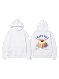 White pullover hoodie shown front and back with a strawberry cake and Sweet Life graphic on the back