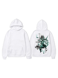 White pullover hoodie shown front and back with a city landmark and mint-green graphic on the back