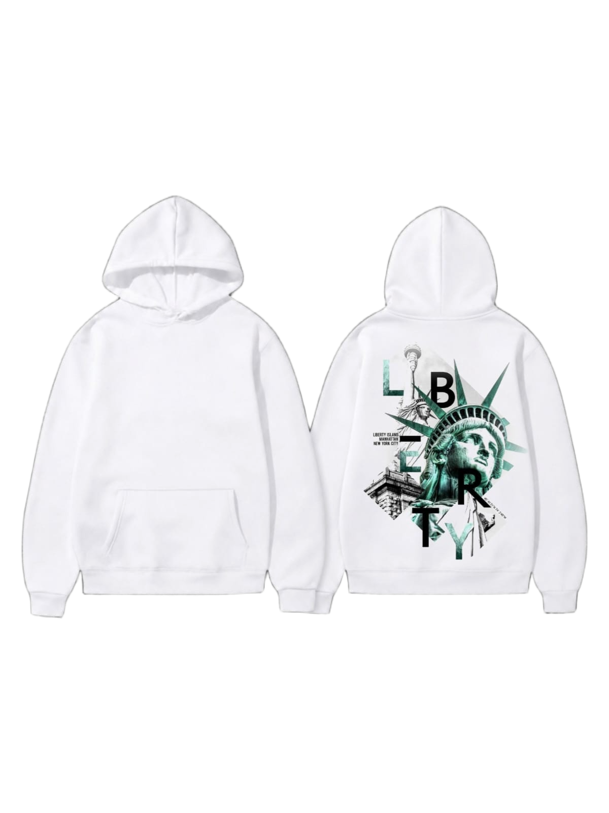 White pullover hoodie shown front and back with a city landmark and mint-green graphic on the back
