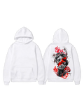 White pullover hoodie shown front and back with a classical portrait and red mask art graphic on the back