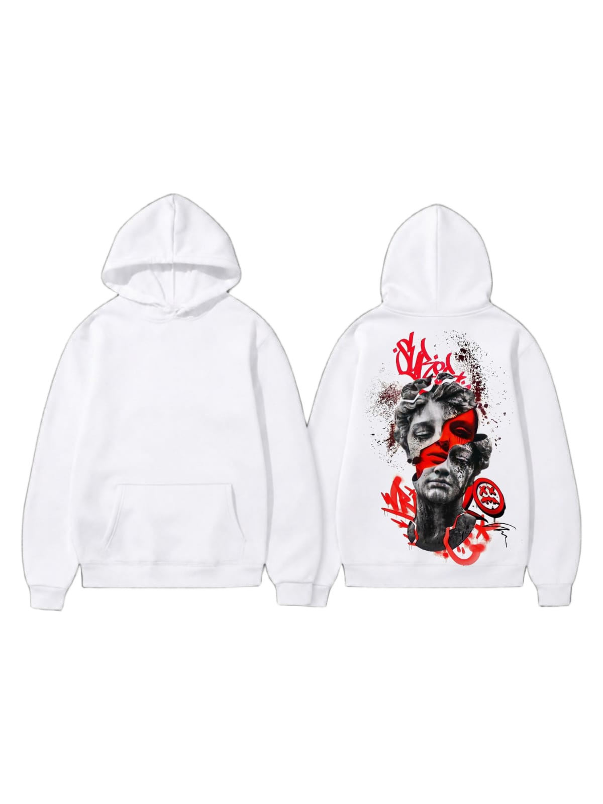 White pullover hoodie shown front and back with a classical portrait and red mask art graphic on the back