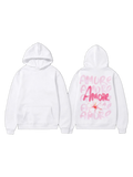 White pullover hoodie shown front and back with pink amore lettering and a floral graphic on the back