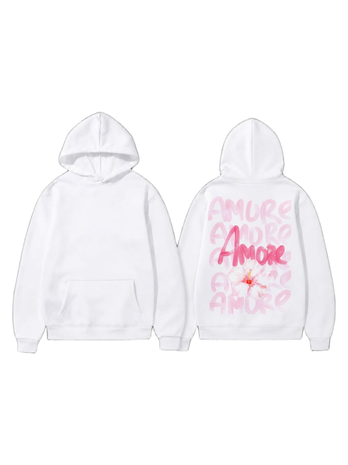 White pullover hoodie shown front and back with pink amore lettering and a floral graphic on the back