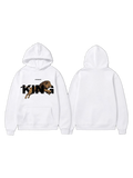 White pullover hoodie shown front and back with a lion and bold lettering graphic on the front