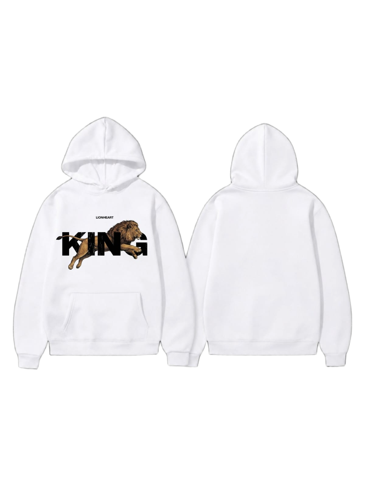 White pullover hoodie shown front and back with a lion and bold lettering graphic on the front