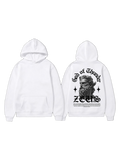 White pullover hoodie shown front and back with a mythic bearded figure and bold black back graphic