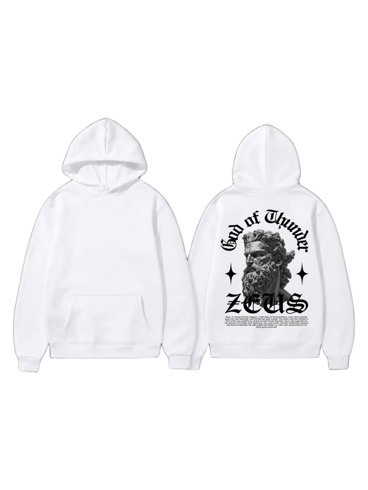 White pullover hoodie shown front and back with a mythic bearded figure and bold black back graphic