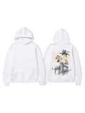 White pullover hoodie shown front and back with a big-cat and palm-leaf graphic on the back