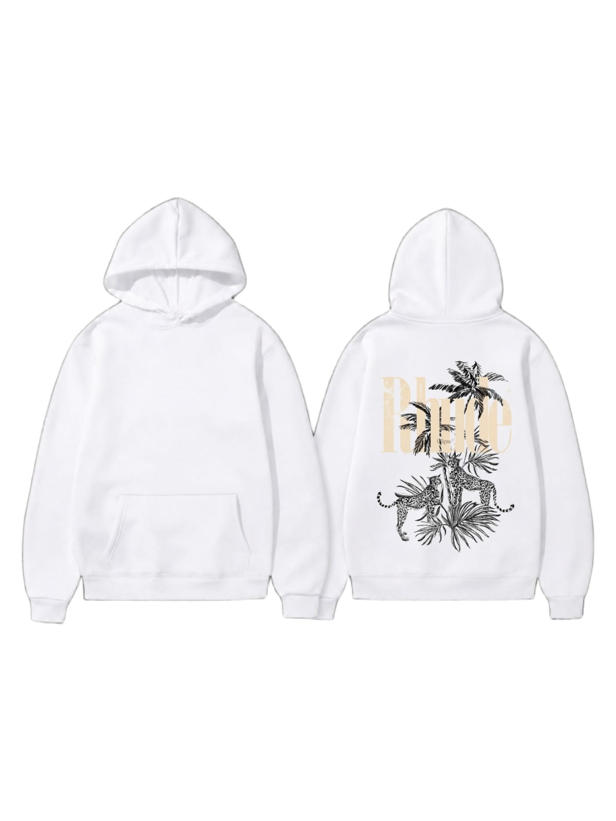 White pullover hoodie shown front and back with a big-cat and palm-leaf graphic on the back