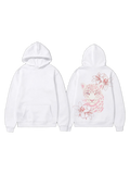White pullover hoodie shown front and back with a pink leopard and floral graphic on the back