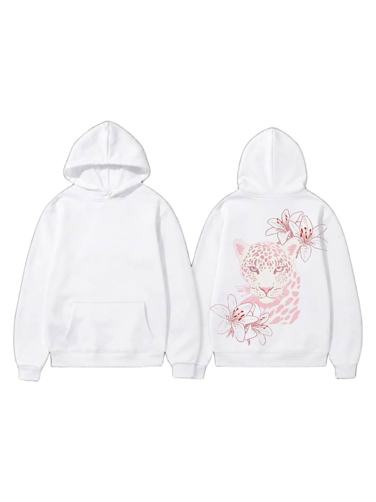 White pullover hoodie shown front and back with a pink leopard and floral graphic on the back
