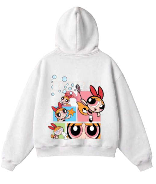 A white zip-up hoodie shown from both the front and back. The front is plain, while the back features a colorful graphic of cartoon characters resembling the Powerpuff Girls in a 2x2 grid.