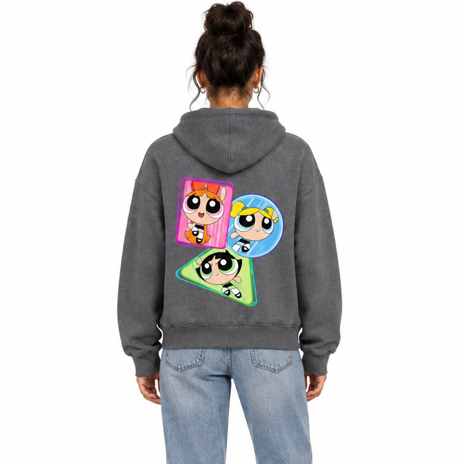 Another female model wearing the grey cartoon graphic zip-up hoodie