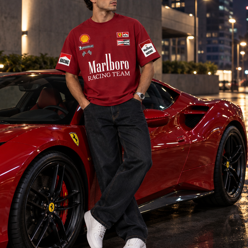 A man wearing a red Marlboro Racing Team t-shirt with sponsor logos, dark jeans, and white sneakers stands next to a red Ferrari sports car on a wet city street at night.