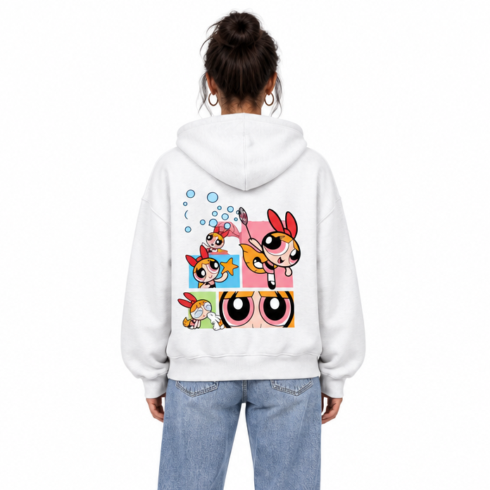 Different female model wearing the white cartoon graphic zip-up jacket from the back