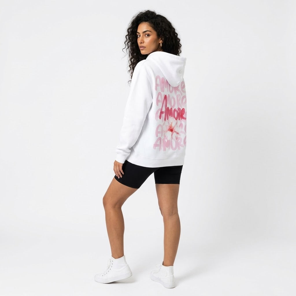 White Amore Floral Graphic Hoodie