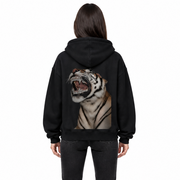 Female model wearing the black tiger graphic zip-up jacket from the back