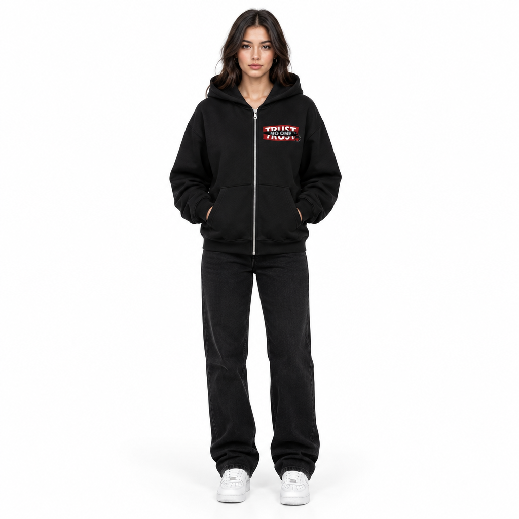 Female model wearing the black TRUST NO ONE zip-up jacket