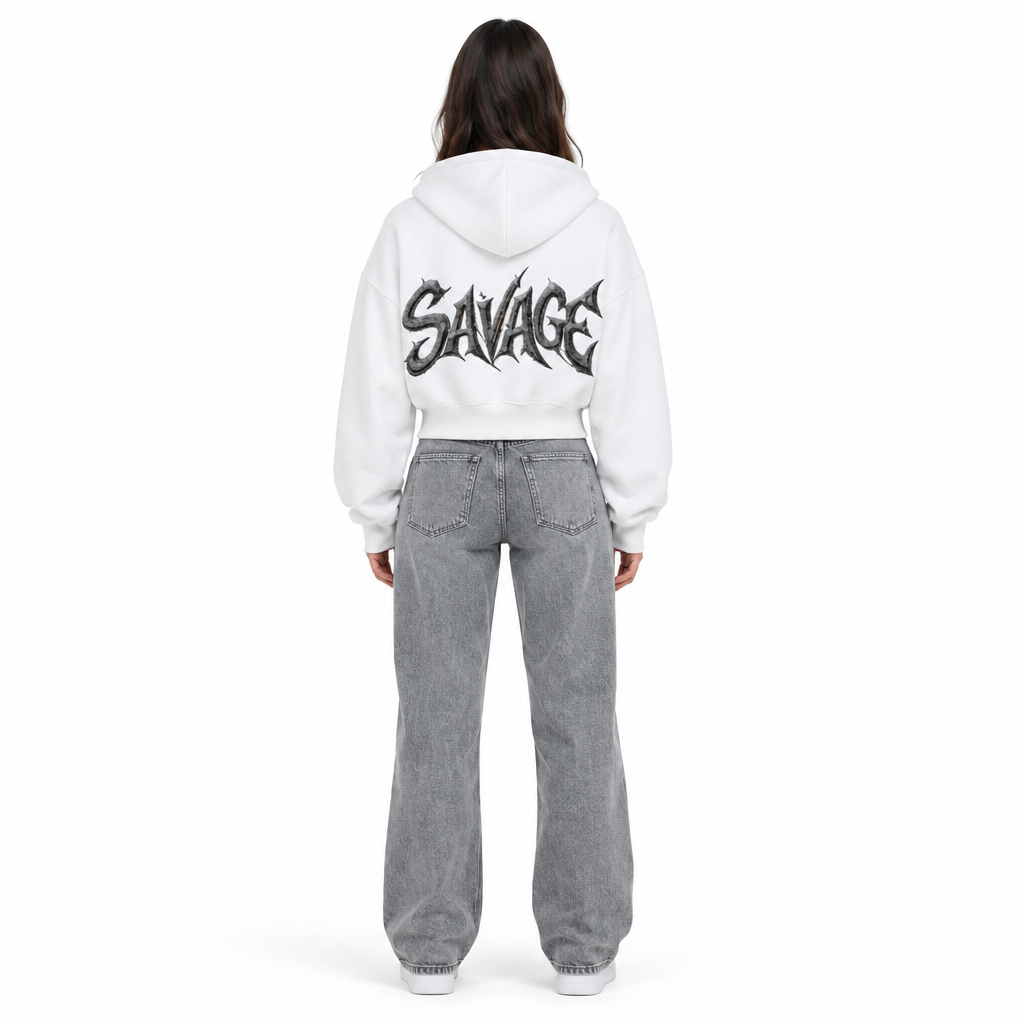 Female model wearing the white SAVAGE jacket from the back
