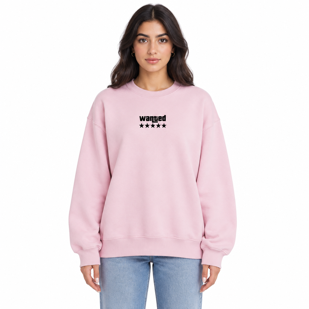 Front view of female model wearing the pink wanted sweater