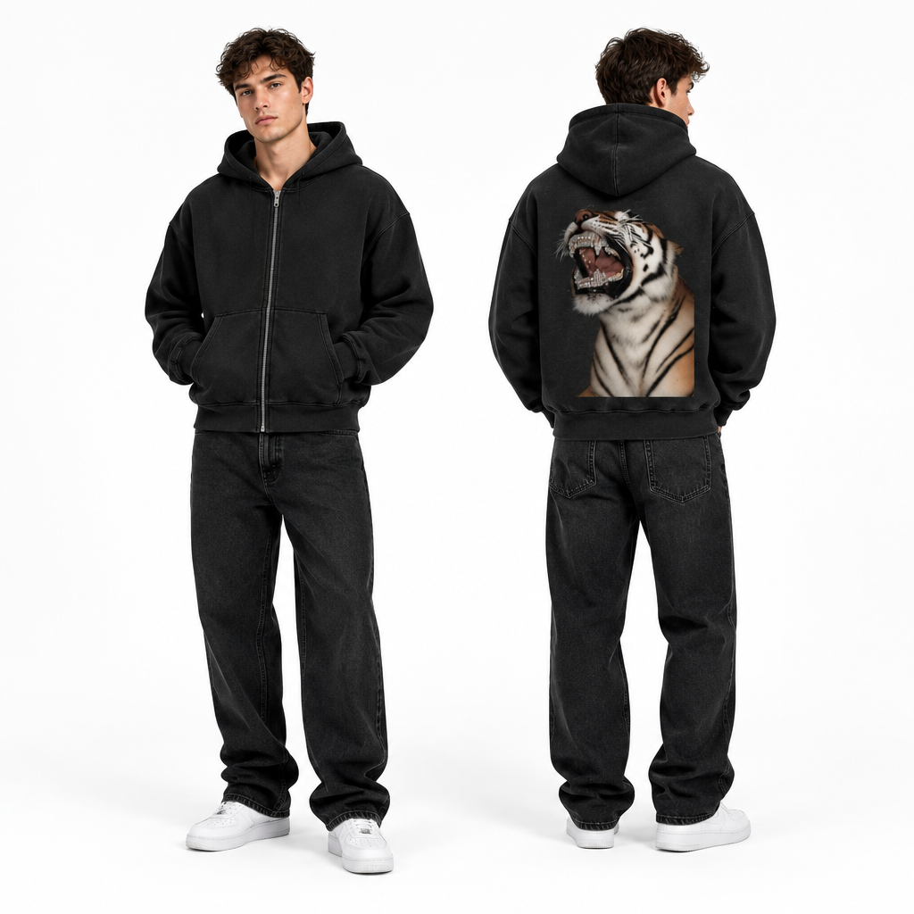 Male model wearing the black tiger graphic zip-up jacket