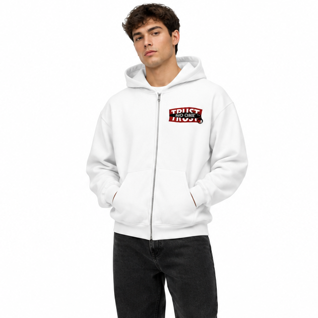 Male model wearing the white TRUST NO ONE zip-up jacket