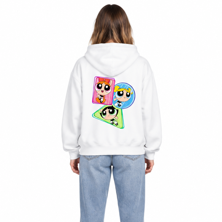 Retry: female model wearing the white graphic zip-up hoodie
